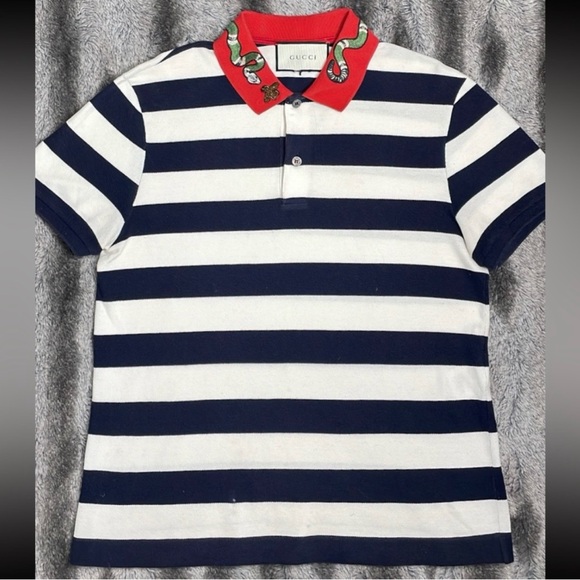 Gucci Navy Blue Striped Cotton Pique Snake Appliqué Contrast Collar Polo - Picture 1 of 2